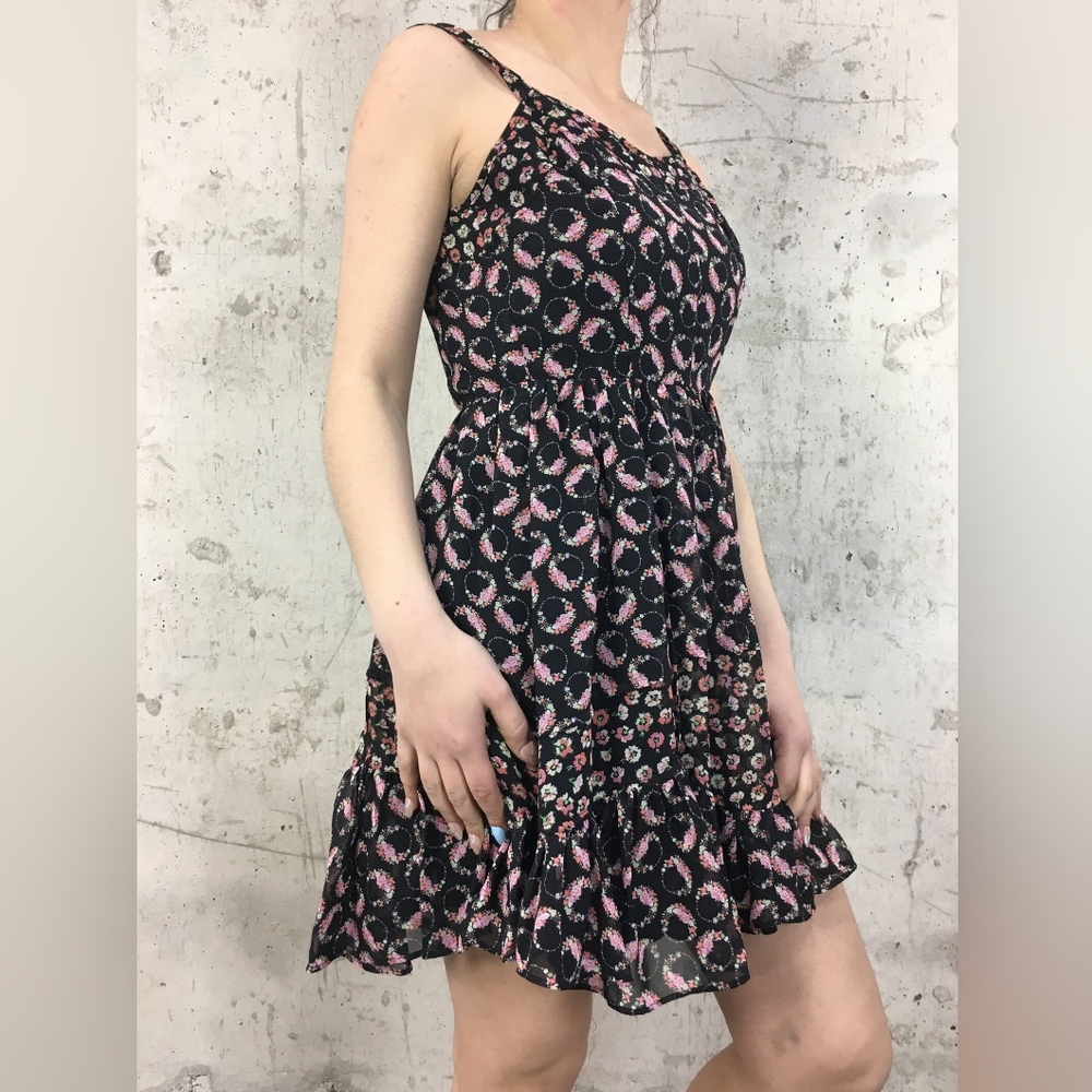 Whimsigoth Punk Fairycore Grunge‎ Floral Black Pink Print Summer Dress (#404)